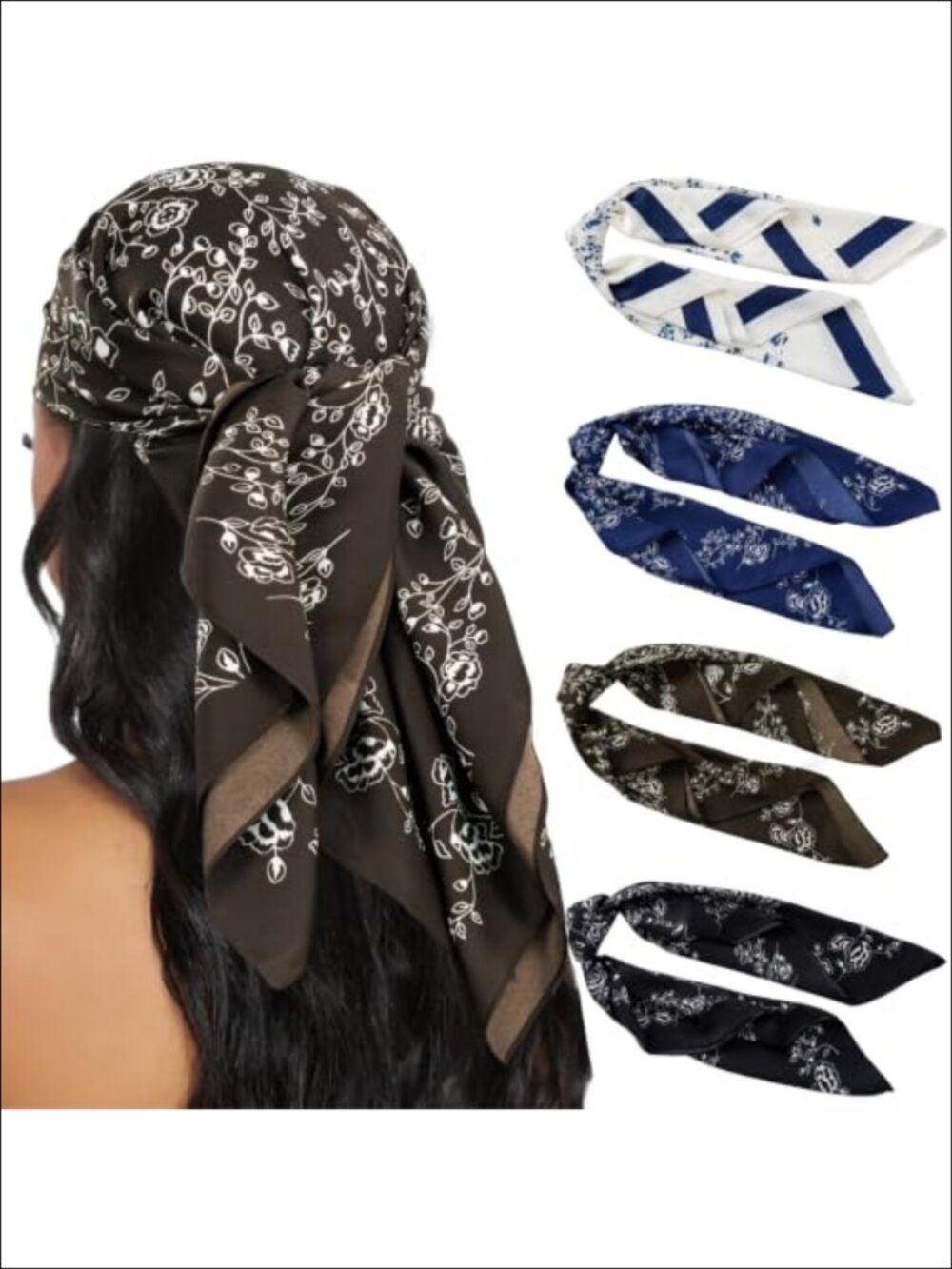 4 Pack Silk Feel Head Scarves 35" Square Hair Wraps